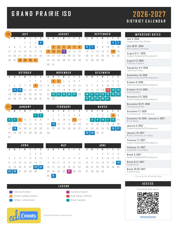 Grand Prairie ISD printable 2026-27 calendar