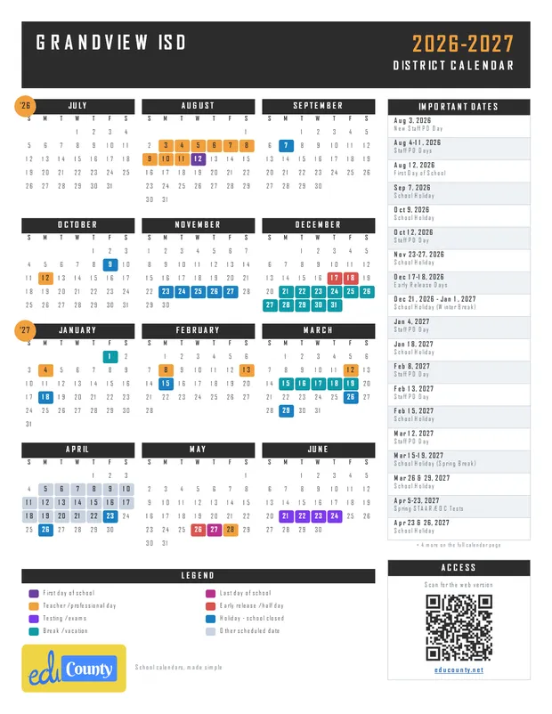 Grandview ISD printable 2026-27 calendar