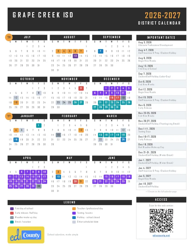 Grape Creek ISD printable 2026-27 calendar
