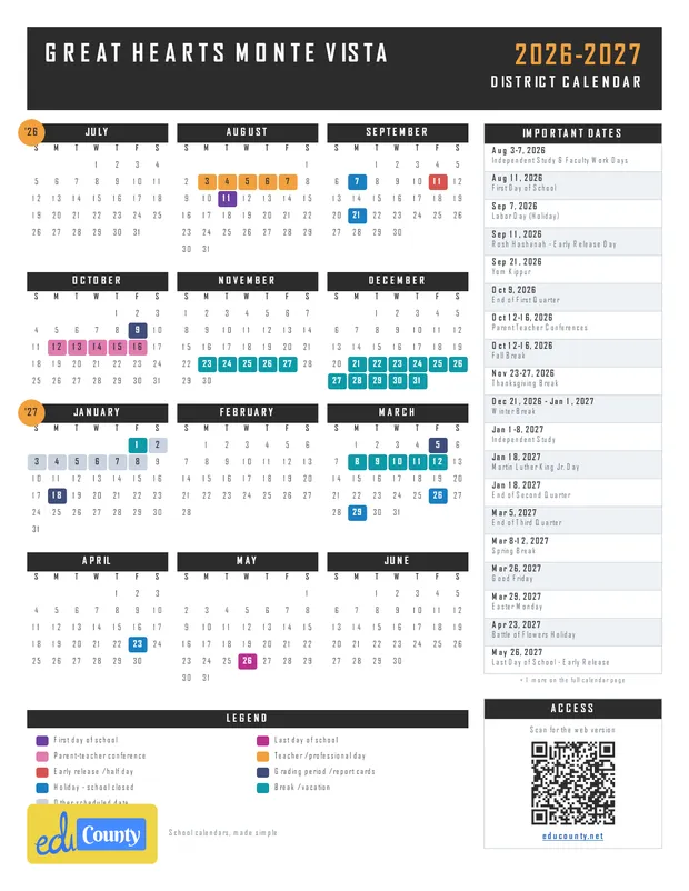 Great Hearts Monte Vista printable 2026-27 calendar
