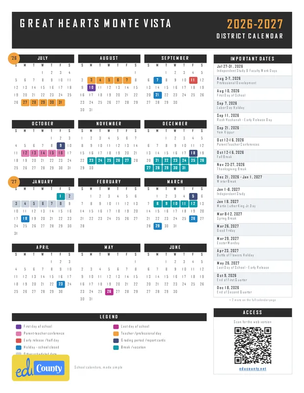 Great Hearts Monte Vista printable 2026-27 calendar