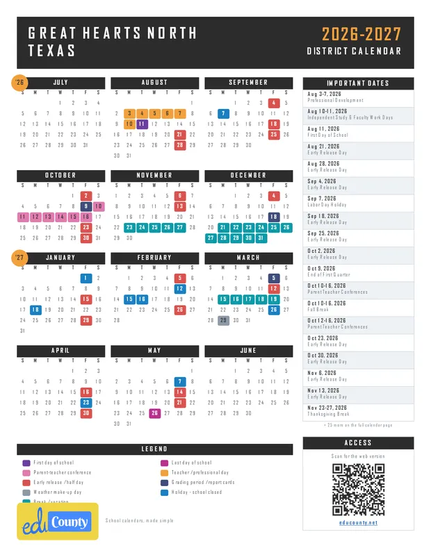 Great Hearts North Texas printable 2026-27 calendar