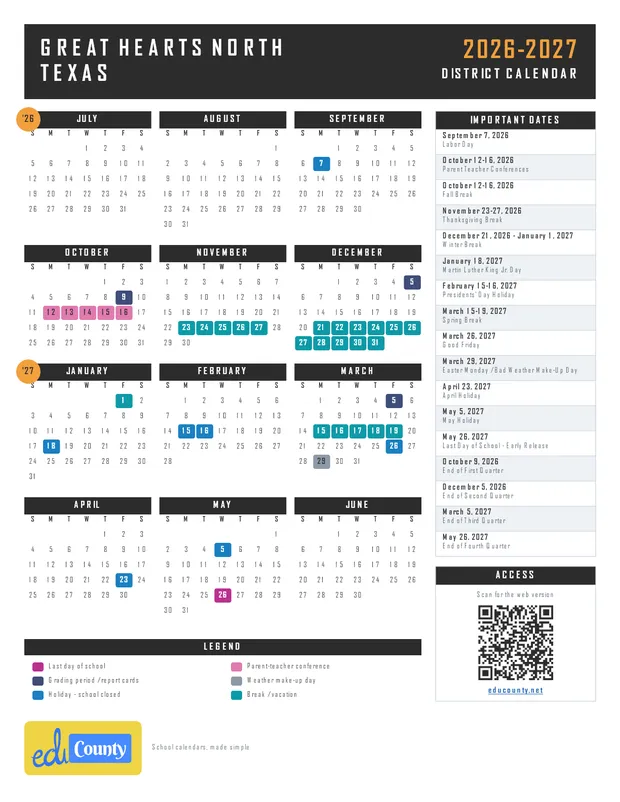Great Hearts North Texas printable 2026-27 calendar