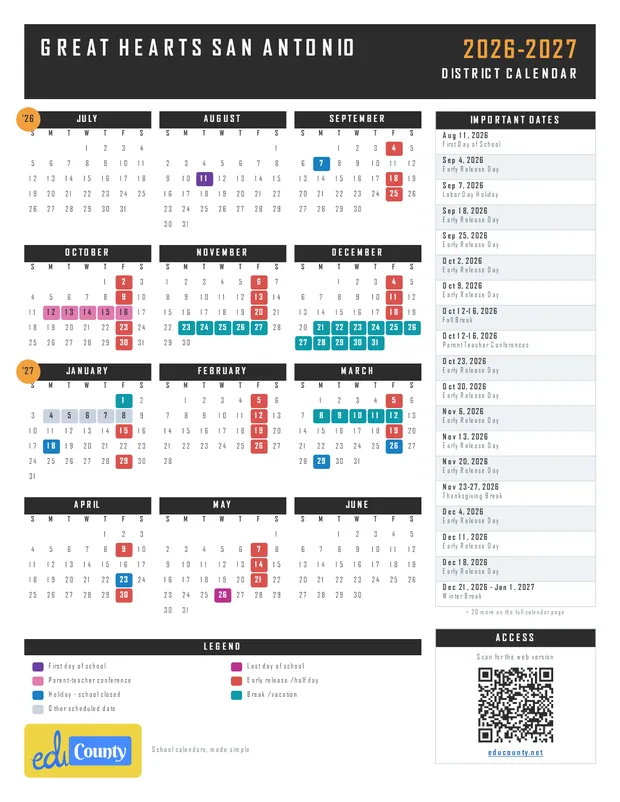 Great Hearts San Antonio printable 2026-27 calendar