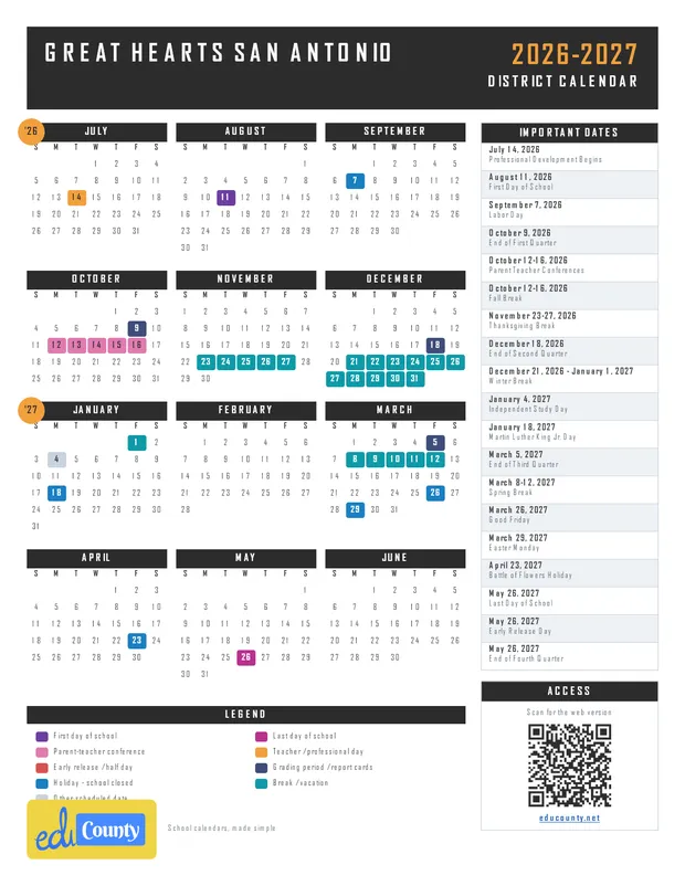 Great Hearts San Antonio printable 2026-27 calendar