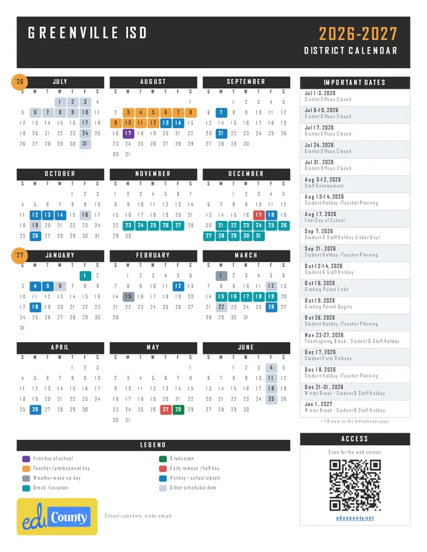 Greenville ISD printable 2026-27 calendar