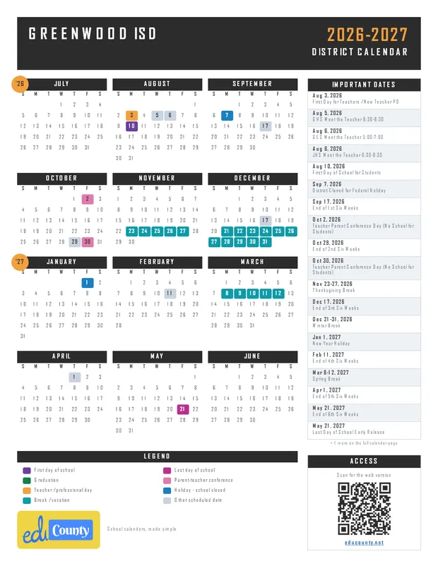 Greenwood ISD printable 2026-27 calendar