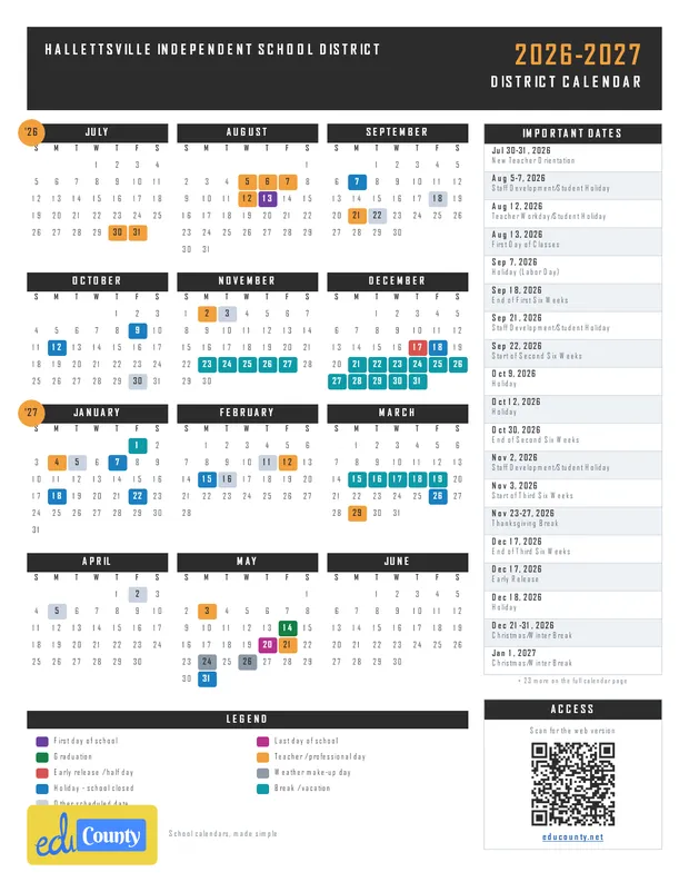 HALLETTSVILLE INDEPENDENT SCHOOL DISTRICT printable 2026-27 calendar