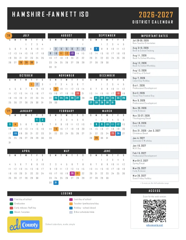 Hamshire-Fannett ISD printable 2026-27 calendar