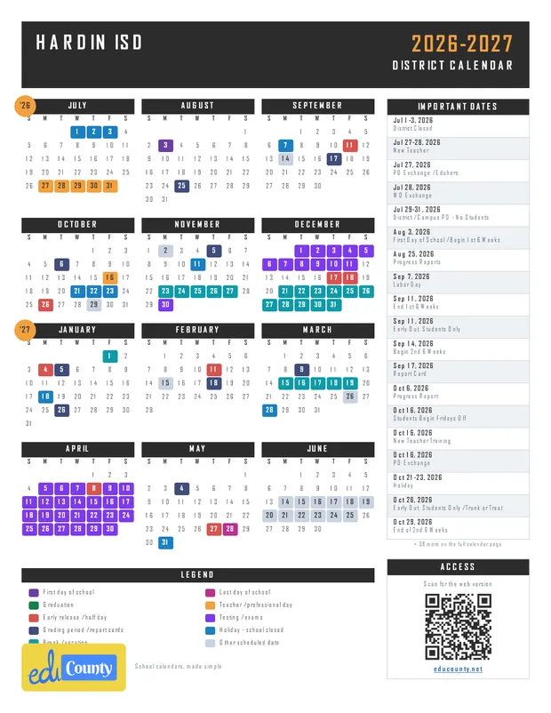 Hardin ISD printable 2026-27 calendar