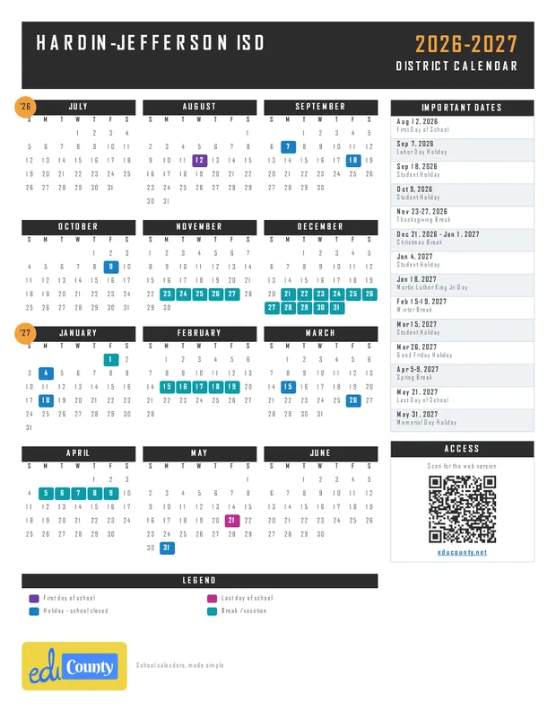 Hardin-Jefferson ISD printable 2026-27 calendar