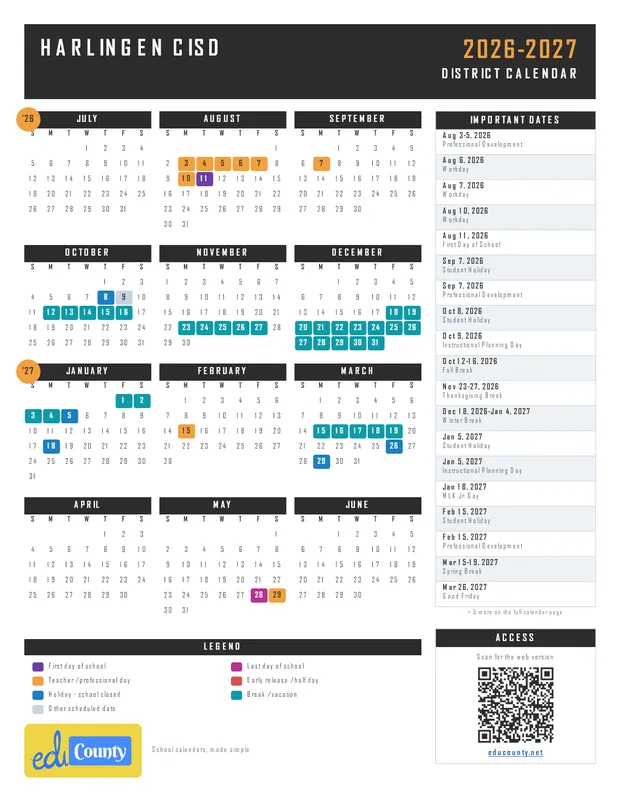 Harlingen CISD printable 2026-27 calendar
