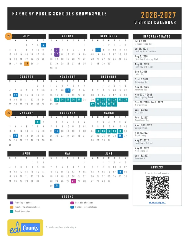 Harmony Public Schools Brownsville printable 2026-27 calendar