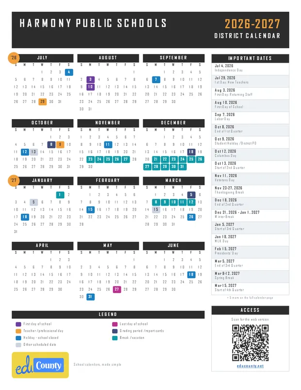 Harmony Public Schools printable 2026-27 calendar