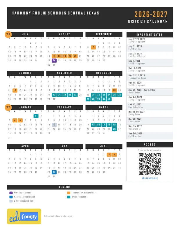 Harmony Public Schools Central Texas printable 2026-27 calendar
