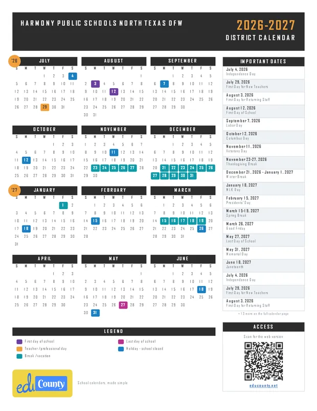 Harmony Public Schools North Texas DFW printable 2026-27 calendar