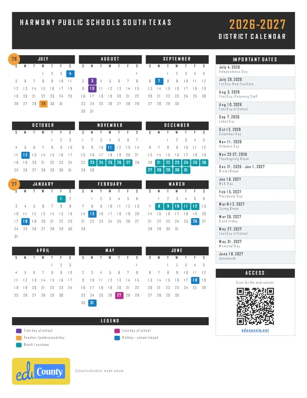 Harmony Public Schools South Texas printable 2026-27 calendar