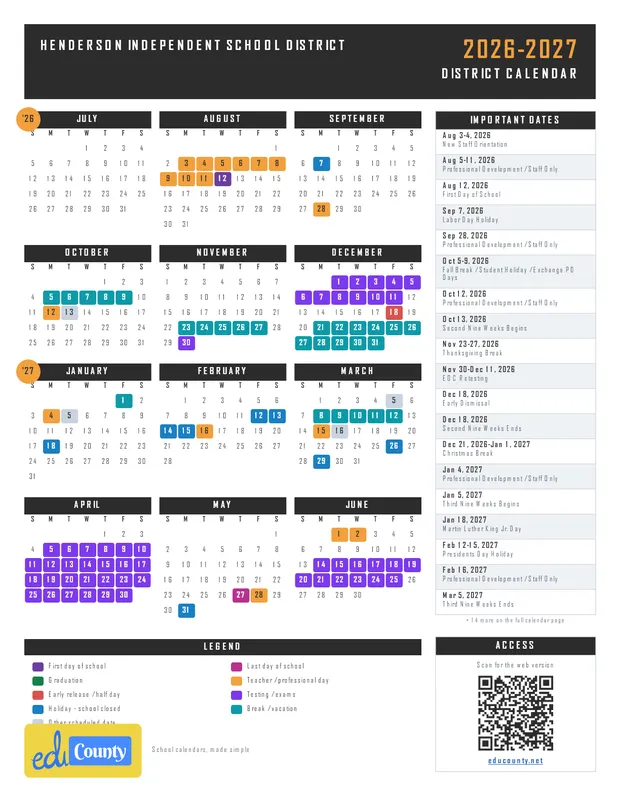 Henderson Independent School District printable 2026-27 calendar