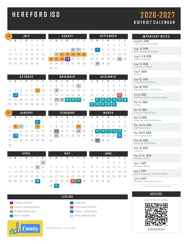 Hereford ISD printable 2026-27 calendar