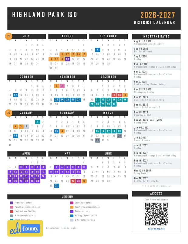 Highland Park ISD printable 2026-27 calendar
