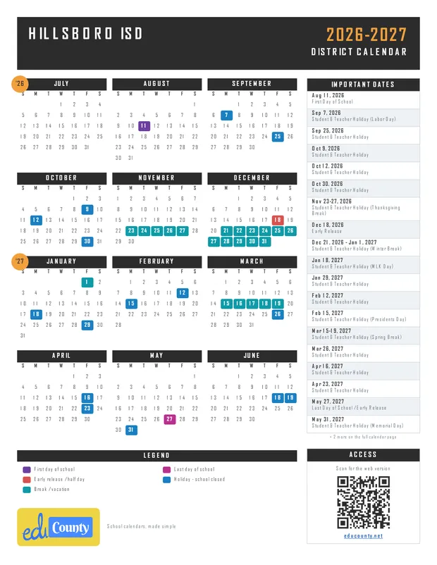 Hillsboro ISD printable 2026-27 calendar