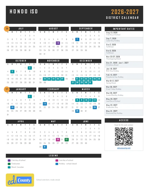 Hondo ISD printable 2026-27 calendar