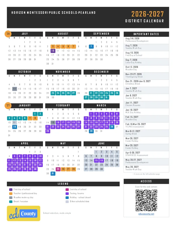 HORIZON MONTESSORI PUBLIC SCHOOLS-PEARLAND printable 2026-27 calendar