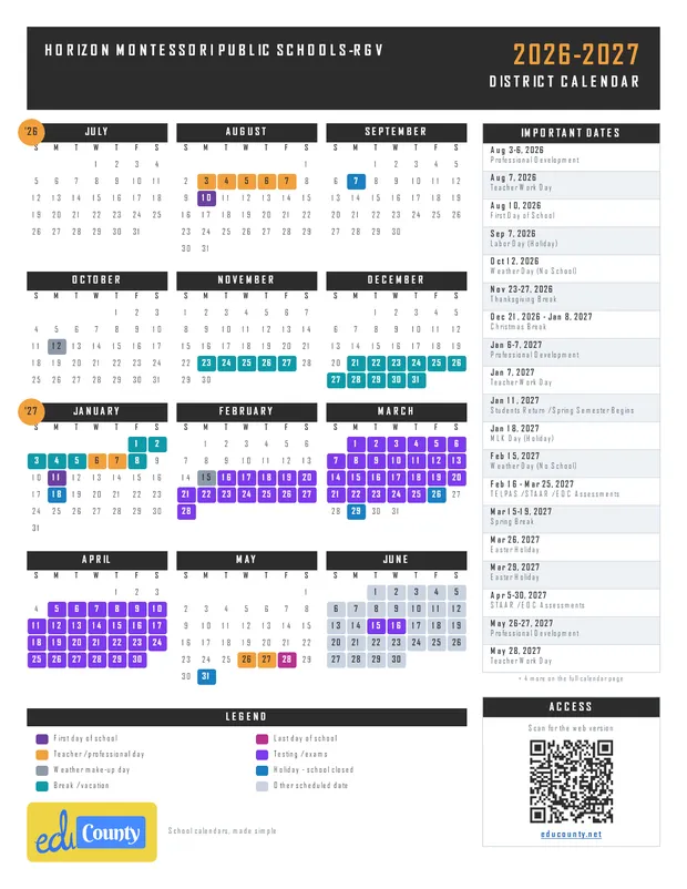 HORIZON MONTESSORI PUBLIC SCHOOLS-RGV printable 2026-27 calendar