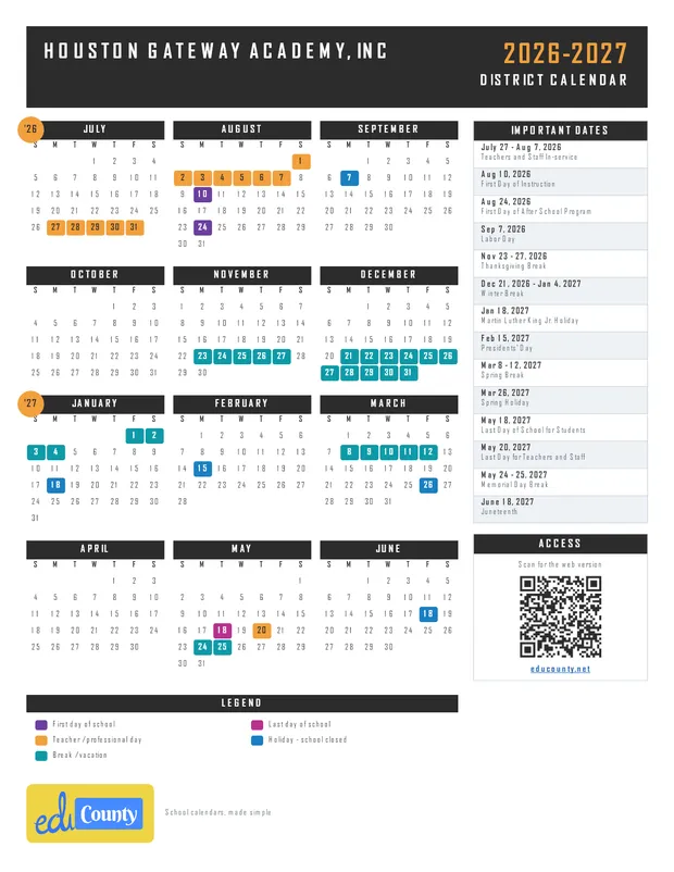 Houston Gateway Academy, Inc printable 2026-27 calendar