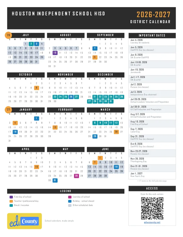 Houston Independent School HISD printable 2026-27 calendar