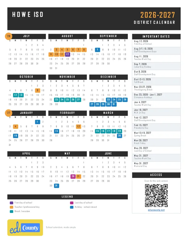 Howe Independent School District ISD printable 2026-27 calendar