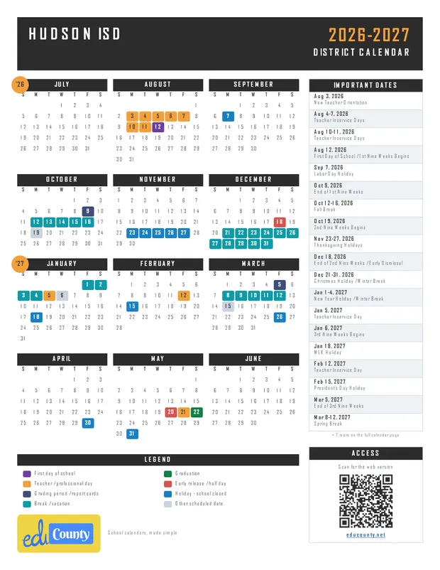 Hudson ISD Independent School District printable 2026-27 calendar