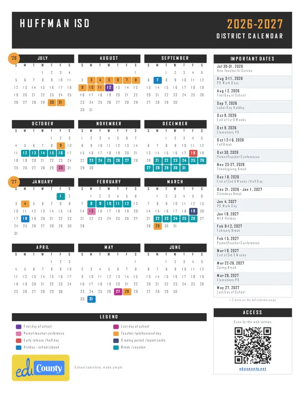 Huffman ISD printable 2026-27 calendar
