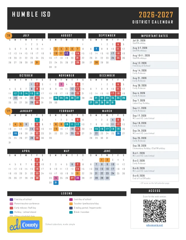 Humble ISD Independent School District printable 2026-27 calendar