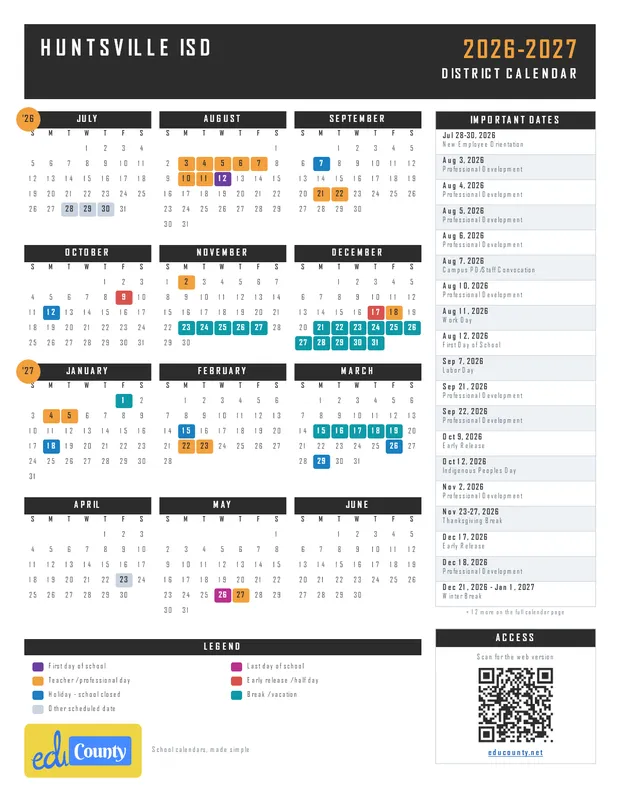 Huntsville ISD printable 2026-27 calendar