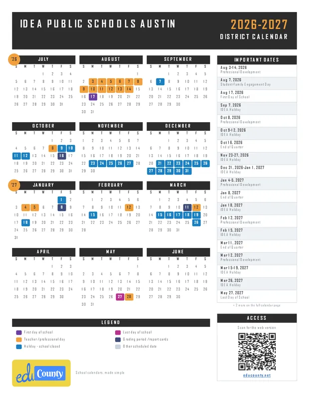 IDEA Public Schools Austin printable 2026-27 calendar