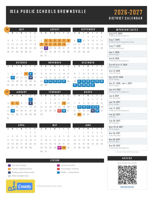IDEA Public Schools Brownsville printable 2026-27 calendar