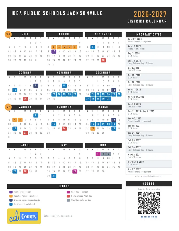 IDEA Public Schools Jacksonville printable 2026-27 calendar