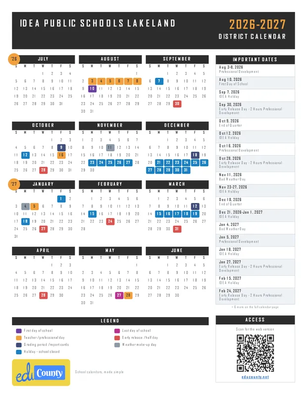 IDEA Public Schools Lakeland printable 2026-27 calendar