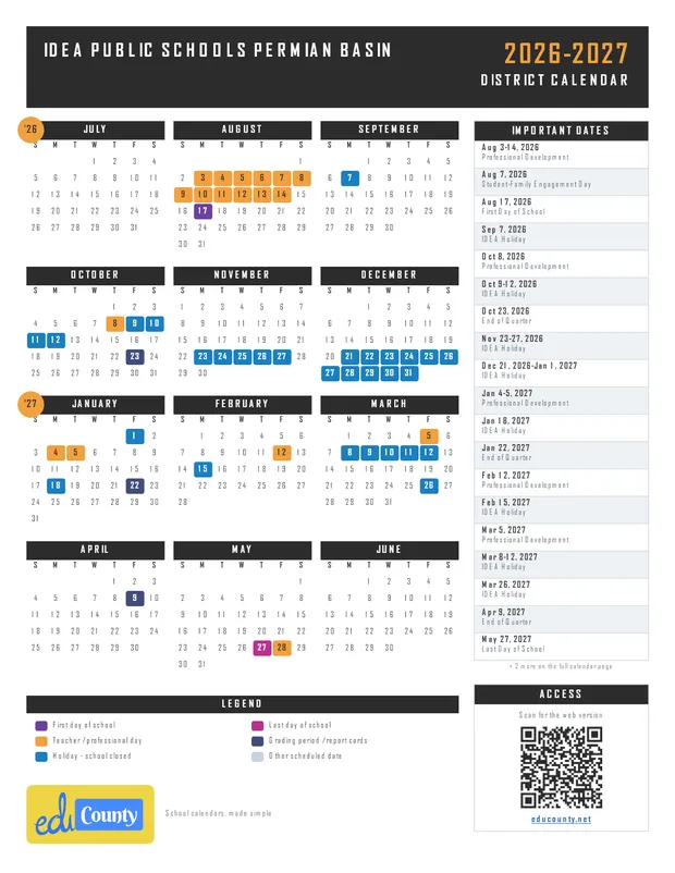 IDEA Public Schools Permian Basin printable 2026-27 calendar
