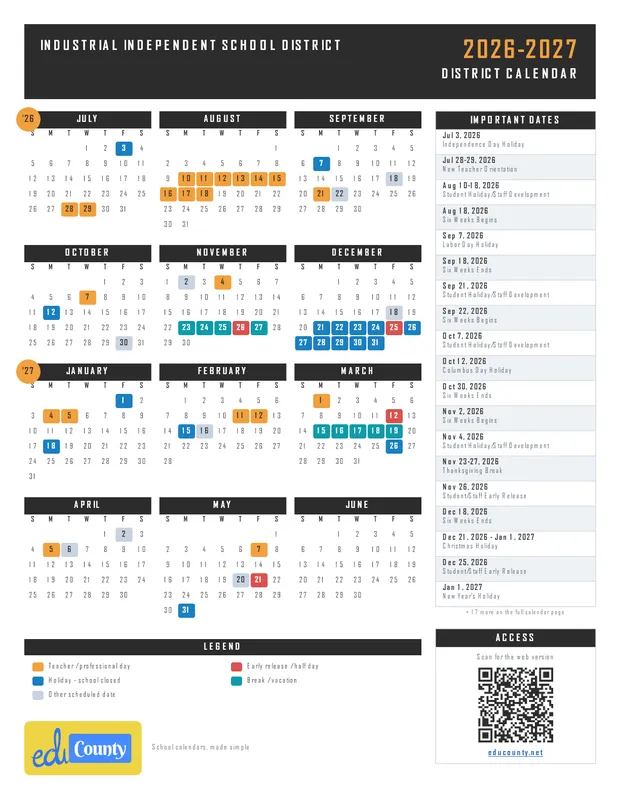 Industrial Independent School District printable 2026-27 calendar