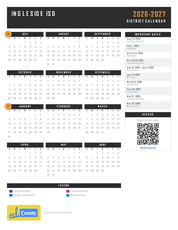Ingleside ISD printable 2026-27 calendar