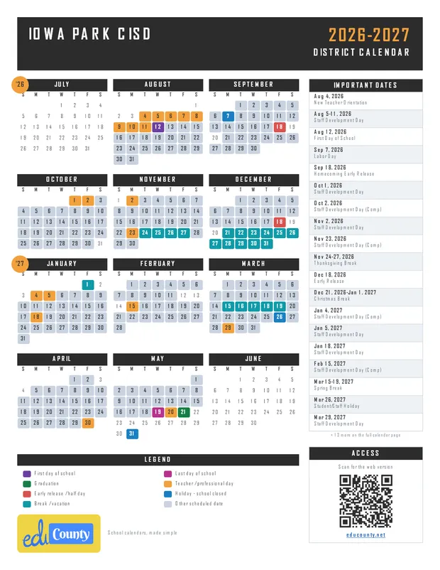 IOWA PARK CISD printable 2026-27 calendar