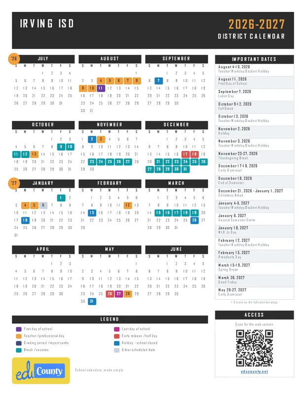 Irving ISD printable 2026-27 calendar