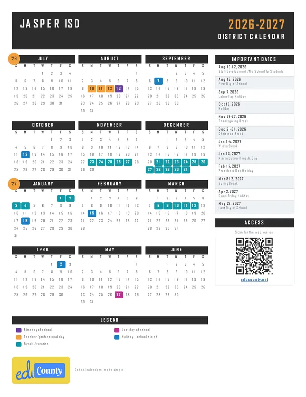 Jasper ISD printable 2026-27 calendar