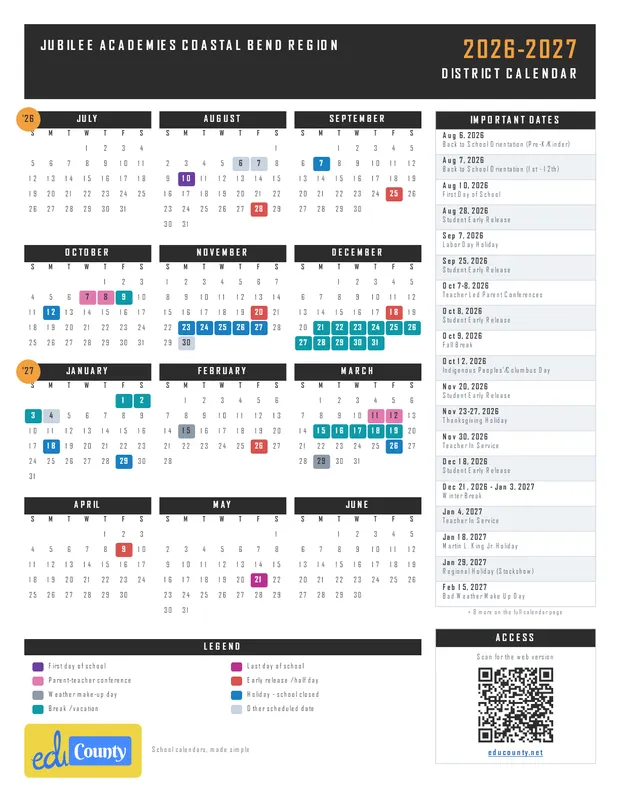 Jubilee Academies Coastal Bend Region printable 2026-27 calendar