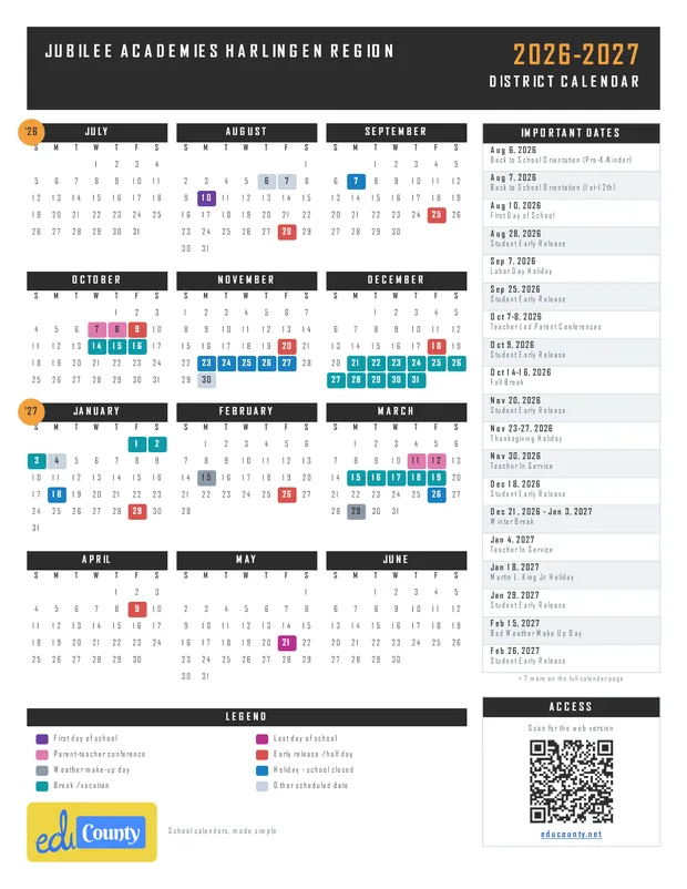Jubilee Academies Harlingen Region printable 2026-27 calendar