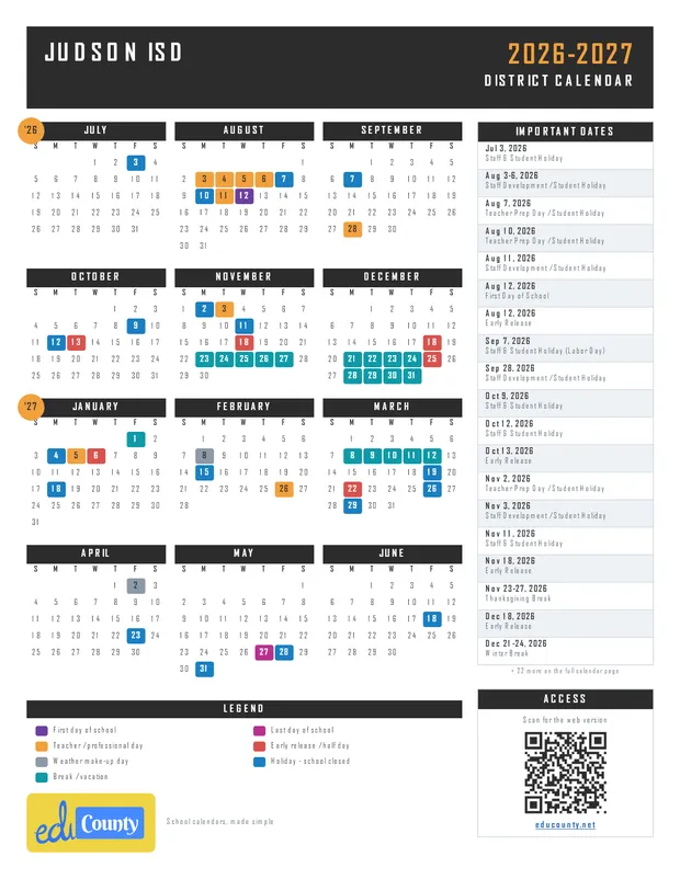 JUDSON ISD printable 2026-27 calendar