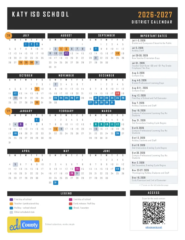 Katy ISD School printable 2026-27 calendar