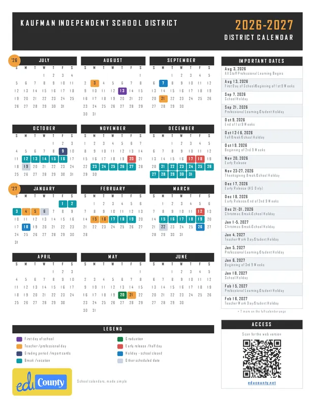 Kaufman Independent School District printable 2026-27 calendar